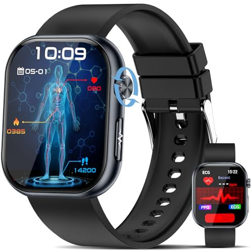 YUPENG Reloj Inteligente con 𝐆𝐥𝐮𝐜𝐞𝐦𝐢𝐚/Presión Arterial/ECG/HRV, 1.96 AMOLED Salud Smartwatch con Ácido Úrico/Lípidos/SpO2/BMI/Fatiga/Temperatura Corporal para and roid iOS