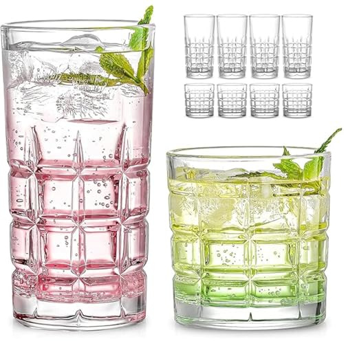 LOITTAINUE Lot de 8 verres à eau modernes pour vin, jus, eau, café glacé, whisky, cocktails, passe au lave-vaisselle - 4 verres à long drink de 380 ml et 4 verres à whisky de 300 ml