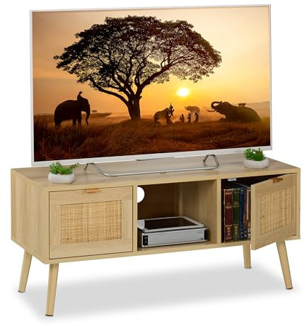 Relaxdays Mobile per TV, Design in Rattan, Mobiletto Porta Televisore DS 43'', HLP: 45,5x100x40 cm, Tavolo Basso Legno, Plastica, Fibra