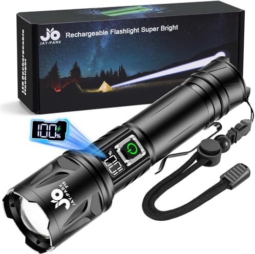 JAY-PARK High Lumen Flashlight - 100000 Lumens, Rechargeable 5000mAh with LCD Display, Zoomable Long Beam (3000m), IP67 Waterproof, 5 Modes & Belt Clip - for Camping, Dog Walking