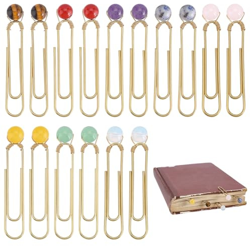 PH PandaHall 16pcs 8 Styles Paper Clips Bookmark Clamp for Back to School, 2 Large Size Paperclip with Natural Stone Planner Clip Metal Book Tag for Teacher Students Stationery Notebook Accessories
