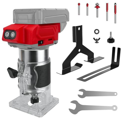 Défonceuse sans fil compatible avec batterie Milwaukee 18 V, 800 W sans balais avec 5 vitesses, 30 000 tr/min, 5 routeurs à col enfichable 1/4 pour le travail du bois, la coupe (sans batterie)