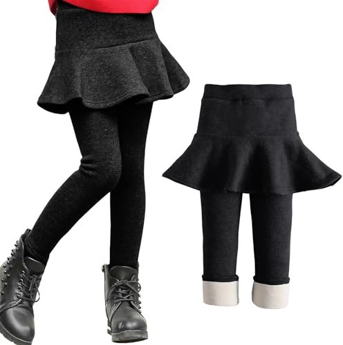 JiAmy leggings för flickor fleecefodrade leggings med volang kjol vinter varm byxkjol för flicka 3-12 år, Svart, 7-8 År