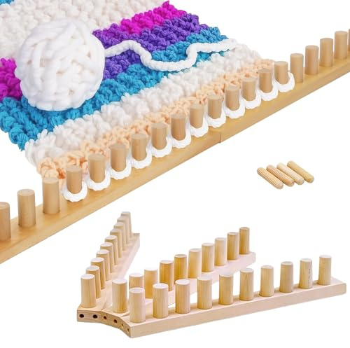JISADER Holz Webstuhl Für Decken, Grobstrickdecke mit Webrahmen Faltbar und Tragbar für Anfänger, Holz Handstrickrahmen Verstellbar, Chunky Knitting Blanket Loom für DIY-Decke Schal als Geschenk