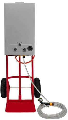 Doccia portatile per cavalli con carrello in acciaio 18L caldaia istantanea di acqua calda a gas 0-75°C 10m di tubo d'acqua e 9 tipi di spruzzo Outdoor 25cm pneumatici alimentato a batteria 36KW