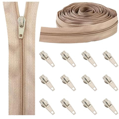 Zips for Sewing, Continuous Zip 5m Beige Zipper with 12 Sliders, Trimmable Nylon Cushions Zips for Sewing Heavy Duty on Roll NO.3 Pullers for DIY Tailor, Craft Projects, Upholstery Making