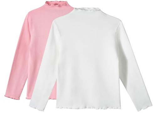 Miipat Camiseta de Manga Larga para Niña con Cuello Alto Pack de 2, Básica y Suave Camisas Interior Térmicas Slim Fit Tops Informal Blusas(Blanco Rosa, 6-7 Años)