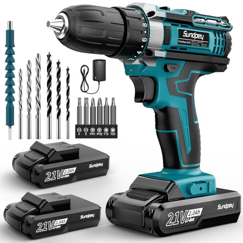 Sundpey Visseuse Devisseuse Sans Fil 21V - Perceuse Visseuse Sans Fil avec 2 Batteries 2,0Ah, 1500RPM 45Nm Max Visseuse Electrique, 2 Vitesses, 18+1 Réglages de Couple, LED, pour Bricolage à Domicile