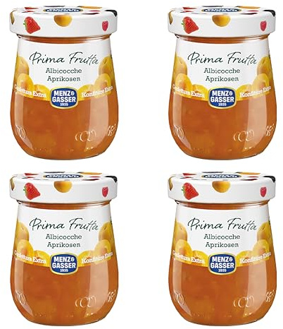 Menz&Gasser, Confettura Extra di Albicocche Prima Frutta, con 50% di Frutta, Realizzata con Frutti di Alta Qualità IQF, Lavorata in Trentino-Südtirol, Naturalmente Senza Glutine, Vegan, 4x340 g