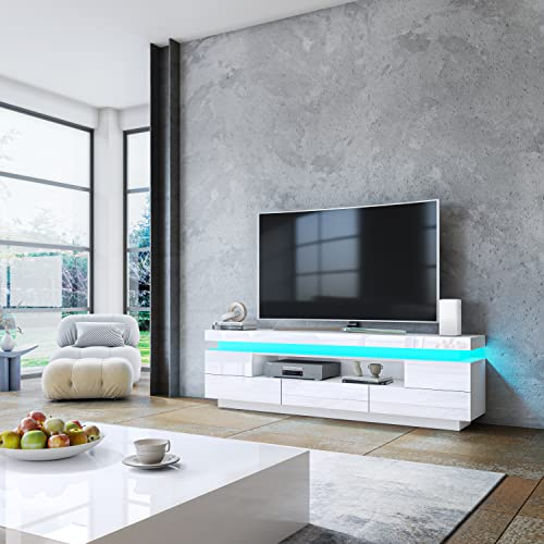 Ikewaier TV Lowboard Weiß Hochglanz mit LED Beleuchtung, TV Schrank mit Stauraum, 5 Schubladen & Offenem Fach, Fernsehschrank für Fernseher von 32–65 Zoll, TV Möbel mit Kabelmanagement für Wohnzimmer