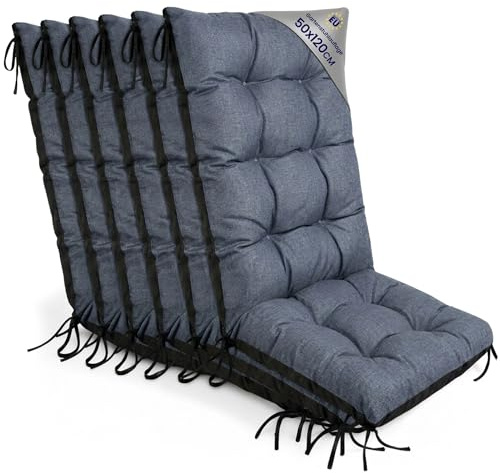 Gartenstuhl Hochlehner Auflagen 6er Set 50x120 cm - Sitzauflagen Gartenmöbel Gartenstuhlauflagen Polster Auflage für Gartenstühle Sitzpolster Outdoor Stuhlauflagen Sitzkissen Jeansfarbe Öko-Leinen