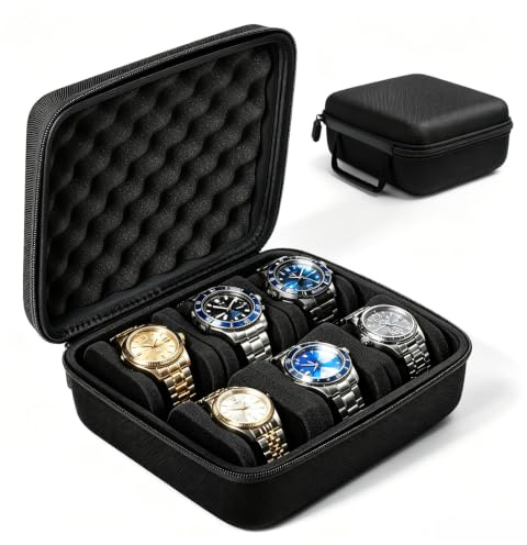 Watch Travel Case for Men, 6 Slot Hard Watch Box with Zipper, Protective Sponge Pillows and Durable Handle, EVA fabric Watch Organizer for Velvet Lining, Business Trip and Home Display (Black)