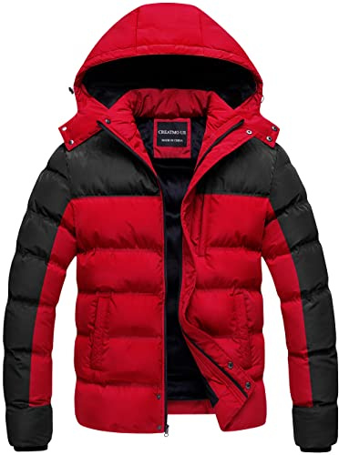 CREATMO US Herren-Puffer-Jacke, wasserdichter, warmer Parka für Winter, dicker Skimantel, schwarz / rot, L
