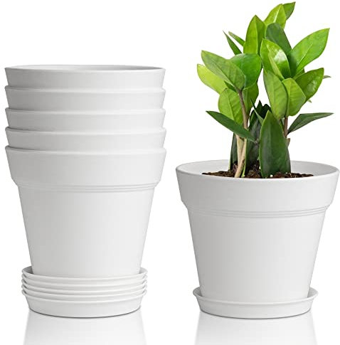 T4U 12,5cm Kunststoff Blumentopf mit Untersetzer, 6er-Set Plastik Übertopf Kräutertopf mit Mehrere Ablauflöchern, Rund Pflanzkübel für Innen und Balkon Sukkulenten Kaktus, Weiß