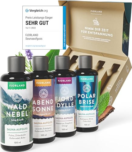 Fjorland Saunaaufguss Set BIO 4 x 100 ml Saunadüfte Geschenkset - Ätherische Saunaaufgüsse in hochwertiger Geschenkbox