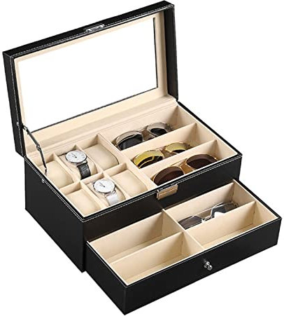 Brillenbox Brillen Display Brillenkoffer, Double-Layer-PU-Leder 6 Grids Watch Box 9 Stück Brillen Lagerung Sunglass Anzeigen-Halter Schublade Abschließbare Fall Organizer Brillenaufbewahrung Sonnenbri