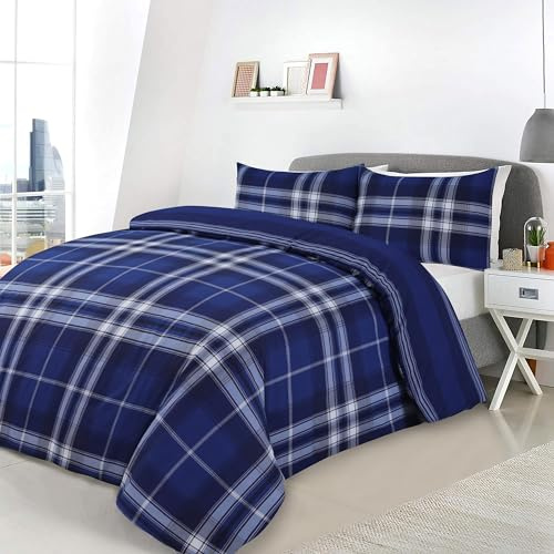 Charlotte Andersen Blue Navy Grey Highland Tartan Check Double Duvet Cover, Reversible Easy Care Poly Cotton Bedding Set With Pillowcases (Blue, Double)