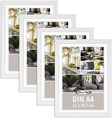 Close Up Bilderrahmen 4er Set DIN A4 (21 x 29,7 cm) | Holzdekor (MDF) weiÃŸ mit Rückwand und Aufsteller | PVC-Scheibe (unzerbrechlich) Profilbreite 17 mm