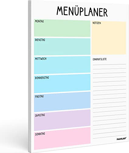 PACKLIST® Menüplaner Block A4, Essensplaner - Einkaufsliste Wochenplaner für die Ganze Woche, 52 Blatt - Essensplan für Eine Gesunde Ernährung, Gewichtsabnahme oder Ein Leckeres Menü für die Familie