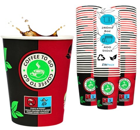 Enpack 400 Kaffeebecher 80mm - ökologisch abbaubare einweg kaffeetassen 200ml/8oz - Hitzebeständige to Go Becher - Recycelbare cafe to go becher für Kaffee/Tee