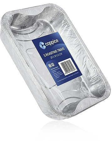Coppice Strong Aluminium Foil Trays for Baking, BBQ, Roasting, Grilling, & Food Storage | 29cm x 19cm x 5cm | Freezer, Microwave & Oven Safe (5 Trays)