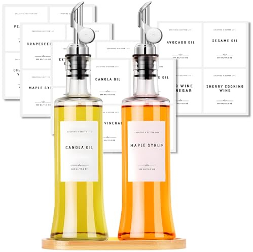 GIXSEGIE Olive Oil Dispenser Bottles for Kitchen with Bamboo Tray, Oil and Vinegar Dispenser Set, Coffee Syrup Dispensers, Glass Dispensers for Kitchen, Dispenser Bottle of 300ml - Set of 2 Silvery
