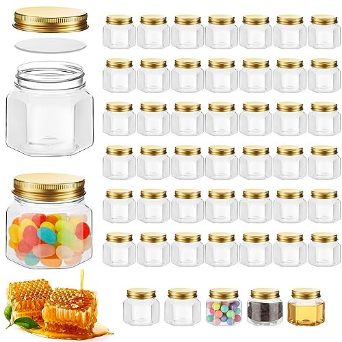 Dandat 50 Pcs 3 oz Hexagon Plastic Jars with Lids Mini Small Wide Mouth Honey Jars for Party Wedding Favors, Baby Shower, DIY Gift, Spice, Jelly, Herb, Jams, Candy(Gold)
