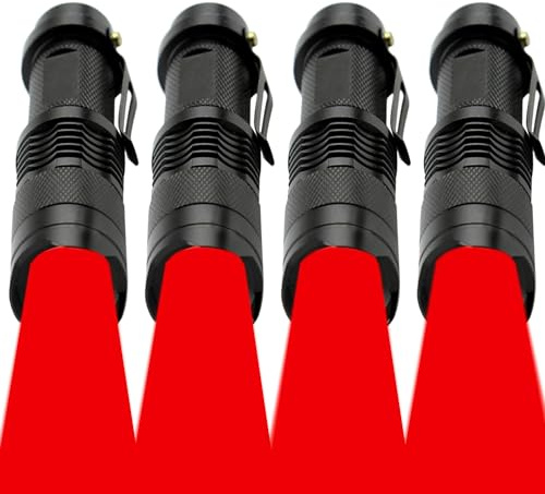 MVIOCS Red Light Flashlight, LED Red Light, Powerful Red Flashlight with Clip for Hunting, Astronomy, Night Observation and Outdoor Activities (4 Pieces)