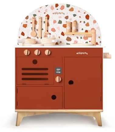 WILDNINS Cuisine Enfant Bois | Cuisine Enfant - Cuisine Bois Enfant pour Enfants avec | Set d'ustensiles, casseroles et poêles, Four, évier, Armoire, Cuisine pour Enfants de 3 Ans et Plus