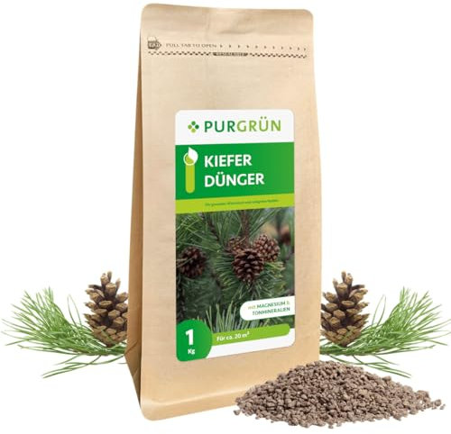 Purgrün® Kiefer-Dünger 1 kg – Extra Magnesium für schützt vor Nadelverfärbungen – Verbessert die Bodenqualität mit Tonmineralien – Erhöht die Widerstandskraft – Granulat für 5-6 Kiefern – chloridarm