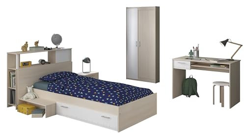 Jugendzimmer Charly 15 von Parisot 5teilig in Akazie und Weiß Komplett Set mit Schrank, Jugendbett, Schreibtisch, Anstellregal und Nachttisch - Jugendzimmer Kinderzimmer Möbel Teenagerzimmer