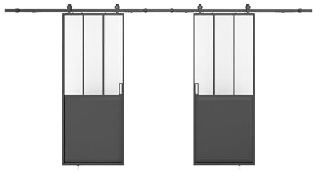 Vente-unique-Puerta corredera doble estilo taller - Negro y vidrio templado esmerilado - 2 x Alt. 205 x Ancho 93 cm - ARTISTO II