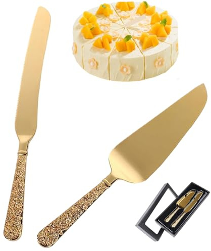 Tortenschneideset für Hochzeiten 2 teilig Tortenschneider Tortenmesser und Tortenheber Set goldfarbenes Tortenschneideset mit Vintage Gravur für Hochzeiten Geburtstage