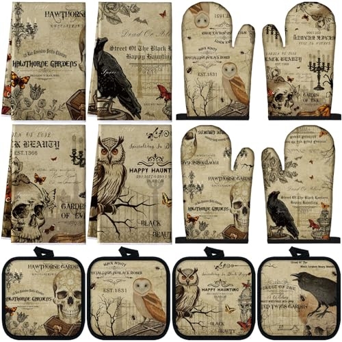 SiliFine 12-teiliges Gothic-Küchenzubehör-Set für Halloween | Küchenhandtücher, Ofenhandschuhe und Topflappen, Vintage-Rabenschädel, Eule, dunkle Hexe, Heimdekoration, Backen, Kochen
