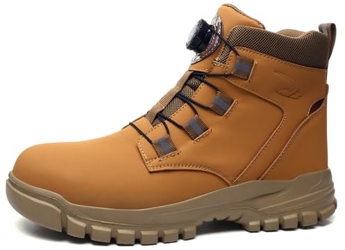 PENXZT Bottes de Sécurité Hommes Femmes Basket Securite Légère Antidérapante Mode Chaussures de Travail avec Bouton Pivotant Respirantes Confortable,Marron,42 EU