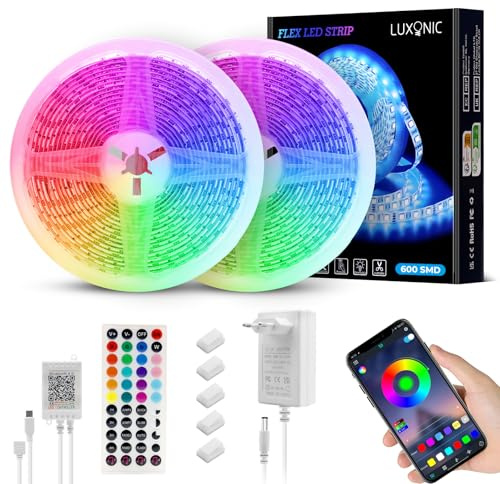 LUXONIC Superhell IP65 Bluetooth LED Streifen 10M für Party/Außen Deko | Wasserdichtes (2x5M), 60LED/M 5050 Outdoor RGB Licht mit App&44 Tasten Fernbedienung, Musik Sync Farbwechsel für Decken/Haus
