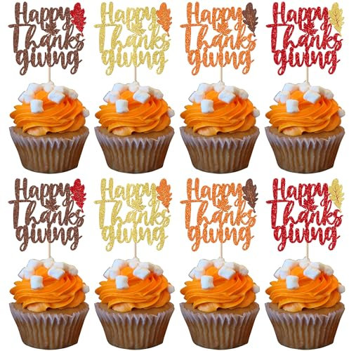 SYKYCTCY 24 Pack Thankful Cupcake Toppers Glitter Thank You Cupcake Picks Thanksgiving Day Cupcake Decorations for Happy Thanksgiving Day Theme Wedding Birthday Party Supplies