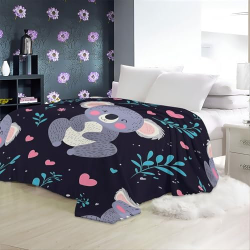 Decke 220 x 240 cm Kuscheldecken Sanft Flanell Weich Fleecedecke Niedliche Blätter eines Koalabären Bedruckte Decke für das Schlafzimmer Unschlagbar Weich Und Gemütlich Grau