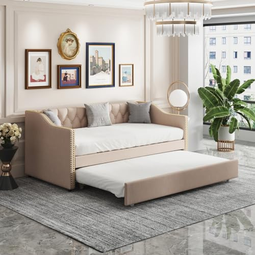 Fofetbfo Schlafsofa 90 x 200 cm mit Ausziehbett, 2 Schlafsofa, ausziehbar, mit Armlehnen, gepolstertes Bett mit Kopfteil und Lattenrost für Kinder oder Jugendzimmer (Hellbraun)