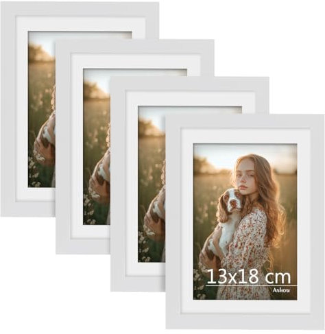Anhow 4er Bilderrahmen 13x18 cm, PVC Fotorahmen Collage Set mit Passepartout für 10x15 cm Fotos Horizontal oder Vertikal für Wandbehänge/Tischdekoration - Weiß