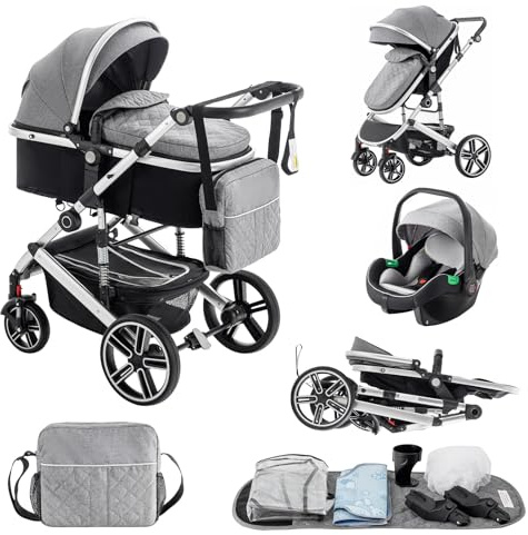 Lnhcrbs Baby Stroller 3 in 1 with Car Seat, Aluminum Travel Frame with Carry Basket Clips, Foldable Pram with Rain Cover & Mosquito Net, Suitable for 0-48 Months, 22Kg,Grey