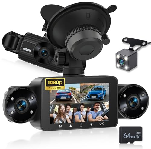 NHOPEEW Dash CAM de 4 Canales con Pantalla táctil IPS de 3 Pulgadas Frontal y Trasera con 8 Luces IR de visión Nocturna, grabación en Bucle, grabación de 24 Horas, Sensor G + Tarjeta TF de 64 G