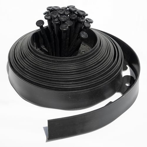 Greenology 10m / 32ft Flexible Lawn Edging, 5cm tall Plastic Garden Edging Border with 30 Pegs, Black