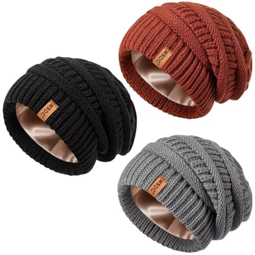 MSDC Satin Gefütterte Slouchy Mütze Damen Winter 3 Stück, Beanie Mütze Damen Herren Übergroß Warmer Strick Dick für Kaltes Wetter