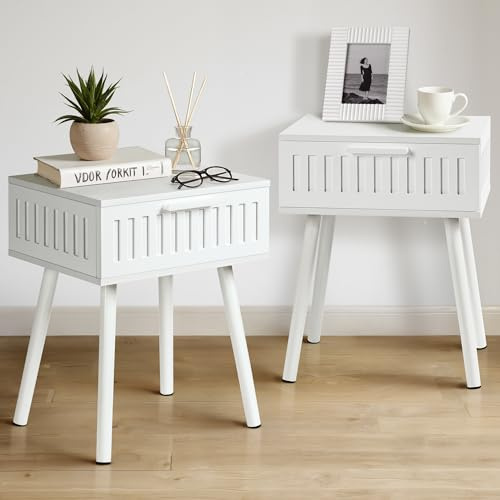 SUMGAR Nachttisch 2er Set Weißer Beistelltisch mit Schublade Modern Nachtschrank kleines Bedside Table mit Beine aus Massivholzholz 30 cm Breit Nachtkästchen für Schlafzimmer Wohnzimmer Zimmer Deko
