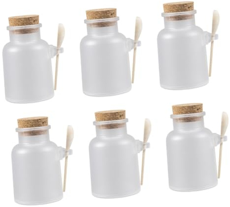 COLLBATH Lot de 6 Sets de Bouteilles de Sels de Bain 100g Transparentes Dépoli Cuillère en Bois et Bouchon Hermétique, Réutilisables, pour Cosmétiques et Voyage, Kit Accessoires Salle