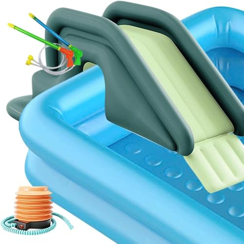 2025 Upgrade Aufblasbares PVC-Poolrutschen-Set, Wasserrutsche für den Garten von Kindern, Sommer-Schwimmbadzubehör, mit Fußpumpe und Wasserpistole, Sommerspaß im Freien für Kinder und Erwachsene(Green