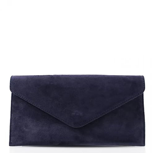 Women's Italian Suede Leather Clutch Bag, Metallic Envelope Design, Evening Party Wrist Purse (Navy)