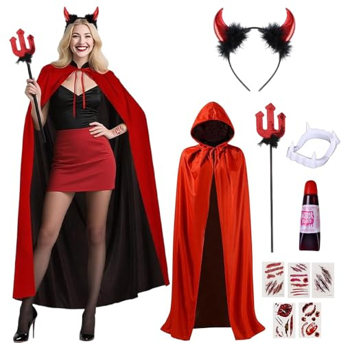 Costume da Diavolo, Costumi Halloween Donna Diavolo, Costume di Halloween da Donna, Mantello del diavolo con Forcella da Demonio, Vestito Halloween Donna Demonio con Corna da Demonio