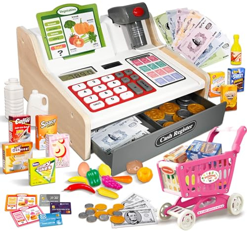Cassa Giocattolo Legno per Bambini con Scanner e Suono, Set per Bambini per Ragazzi e Ragazze dai 3 Anni, Accessori per Negozi Elettronici, Carrello Spesa Giocattolo, Negozio, Gioco di Ruolo Regalo